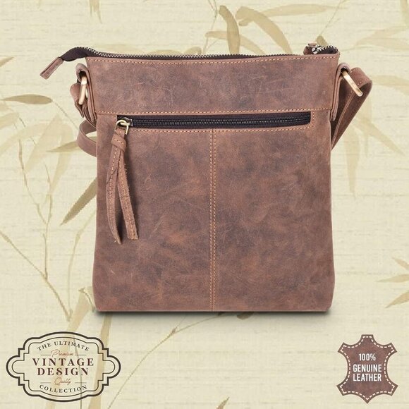 Genuine Leather Crossbody Bag with front Metal Zipper Pockets and long handle - - Picture 2 of 7